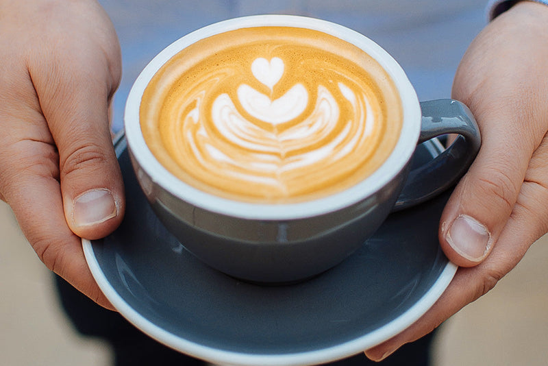 Hands holding a cup of latte with heart and tulip latte art showcasing beginner milk steaming and latte art skills